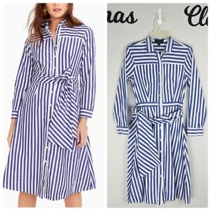 J. Crew Blue & White Striped Print Tie Waist Belted A-Line Midi Dress Size 2
